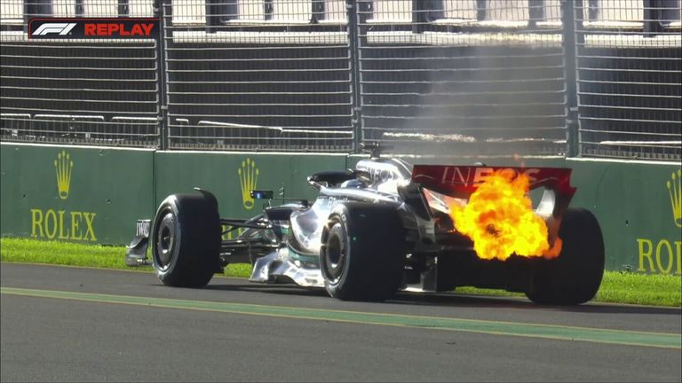 George Russell's car sets on fire and he is out of the race with a power unit issue!