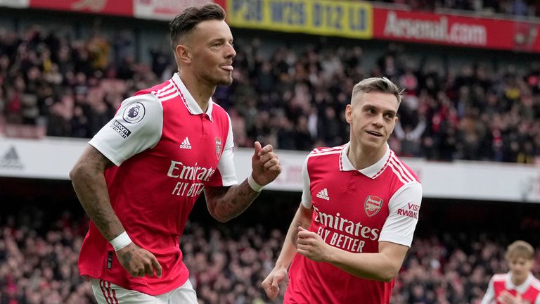 Ben White celebrates after doubling Arsenal&#39;s lead against Leeds