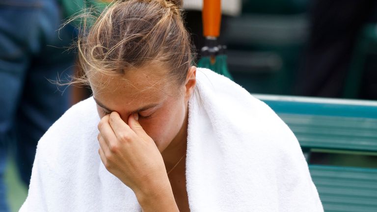 March 19, 2023 Aryna Sabalenka of Belarus after losing her match against Elena Rybakina of Kazakhstan during the Women&#39;s Final of the 2023 BNP Paribas Open at Indian Wells Tennis Garden in Indian Wells, California. Mandatory Photo Credit: Charles Baus/CSM (Credit Image: .. Charles Baus/CSM via ZUMA Press Wire) (Cal Sport Media via AP Images)