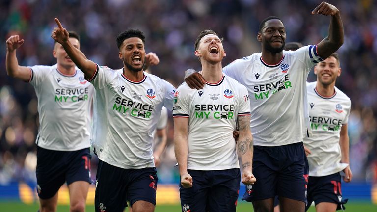 Gethin Jones celebrates after scoring Bolton&#39;s fourth goal in the Papa John&#39;s Trophy Final