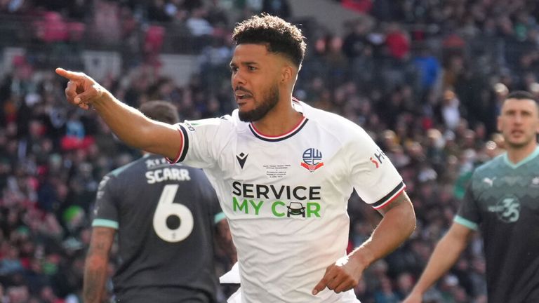 Elias Kachunga celebrates after scoring for Bolton in the Papa John&#39;s Trophy Final