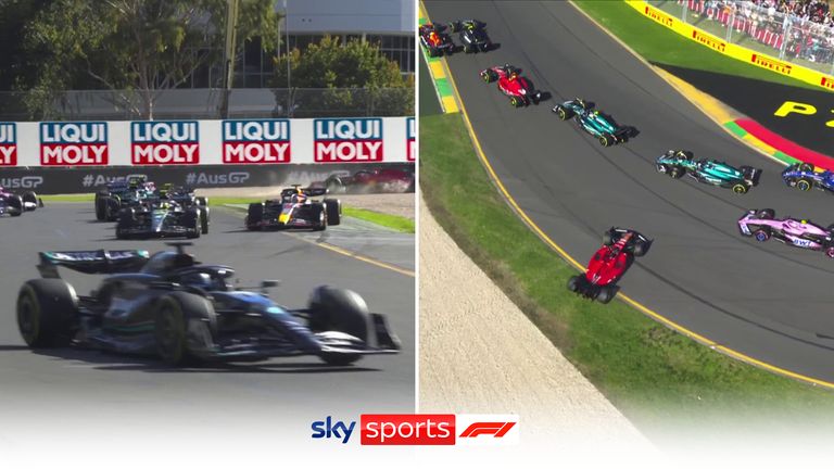 Watch how both George Russell and Lewis Hamilton overtook Max Verstappen on a chaotic opening lap at the Australian Grand Prix