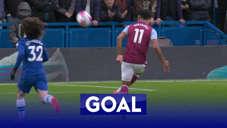 Ollie Watkins lifts the ball over Kepa Arrizabalaga to give Aston Villa a 1-0 lead against Chelsea at Stamford Bridge.