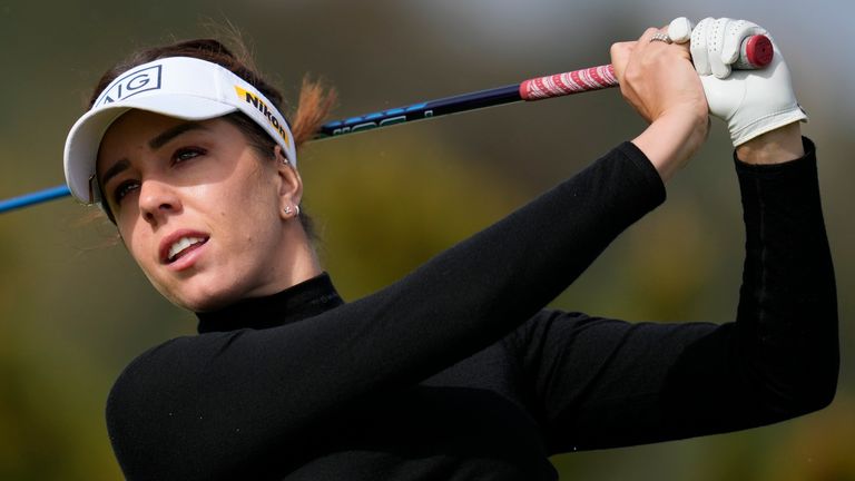 Georgia Hall tees off at the 16th hole during the first round of LPGA&#39;s DIO Implant LA Open golf tournament on Thursday, March 30, 2023, in Palos Verdes Estates, Calif. (AP Photo/Ashley Landis)