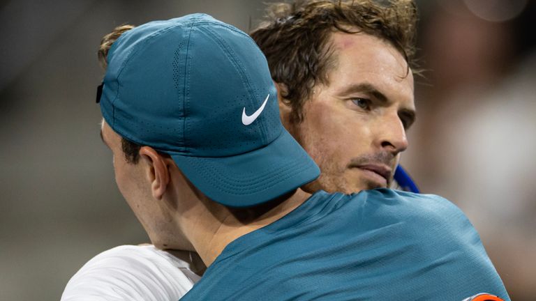 INDIAN WELLS, CALIFORNIA - MARCH 13: Andy Murray of Great Britain embraces Jack Draper of Great Britain after losing to him in the third round of the BNP Paribas Open on March 13, 2023 in Indian Wells, California. (Photo by Mike Frey/Getty Images)
