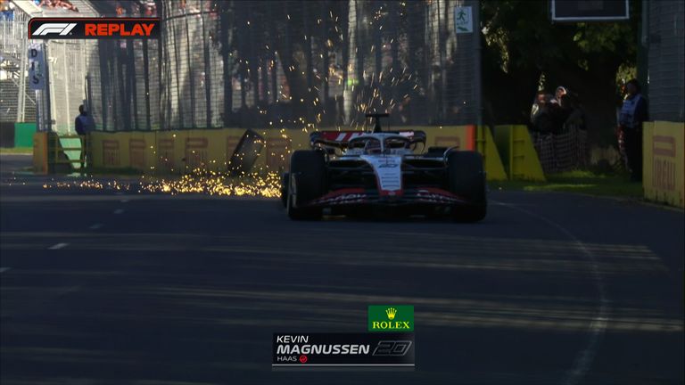Kevin Magnussen completely clips the wall and completely loses his right rear tyre which brings out the second red flag of the race! 