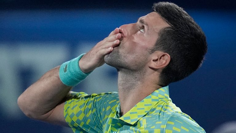 Serbia&#39;s Novak Djokovic celebrates after he beats Czech Republic&#39;s Tomas Machac 