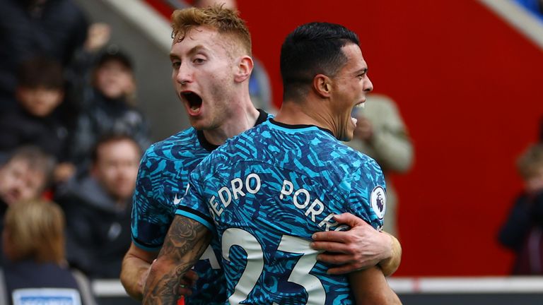 Pedro Porro celebrates with Dejan Kulusevski after scoring against Southampton