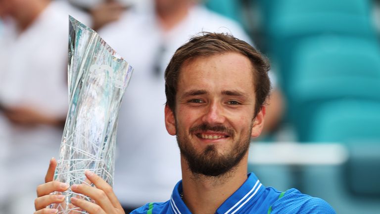 MIAMI GARDENS, FLORIDA - APRIL 02: Daniil Medvedev of Russia holds the Butch Buchholz Trophy after defeating Jannik Sinner of Italy after defeating him during the Mens Finals of the Miami Open at Hard Rock Stadium on April 02, 2023 in Miami Gardens, Florida. (Photo by Al Bello/Getty Images)
